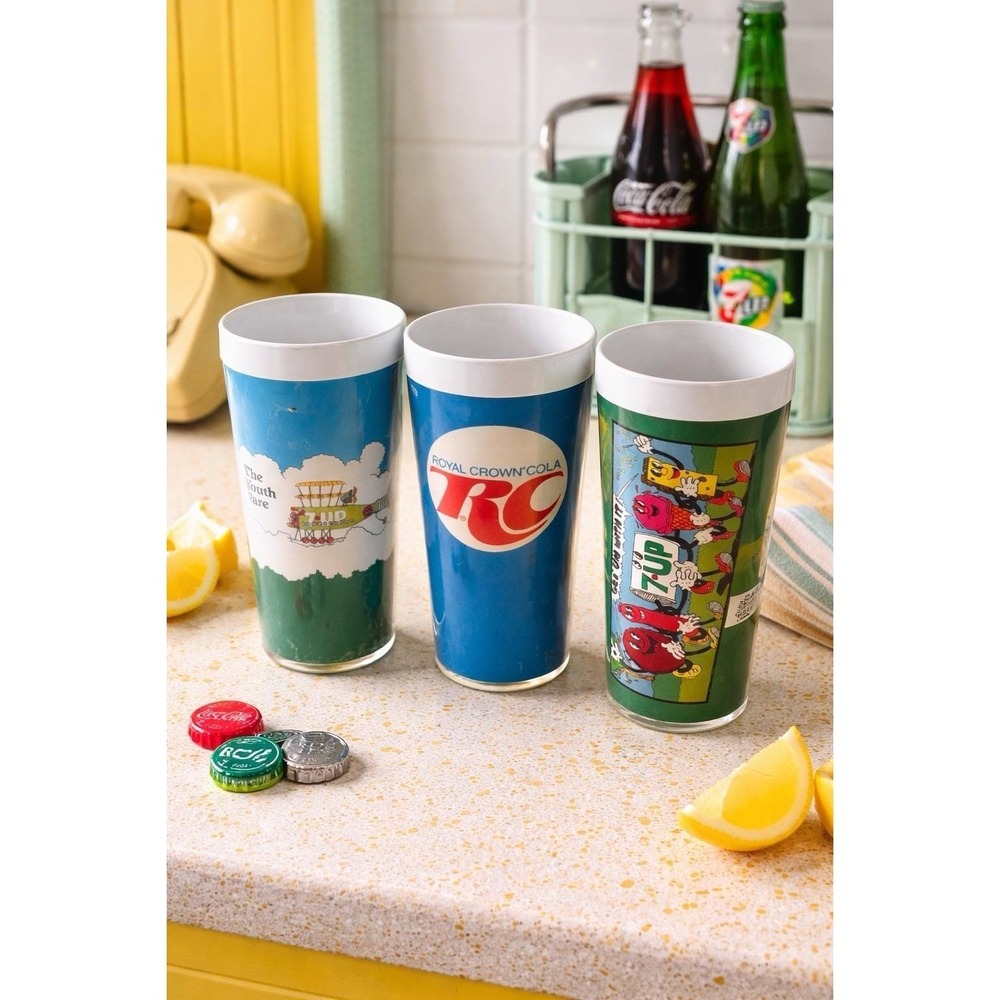 Vintage Thermo-Serv Tumblers Lot 3 RC Cola 7UP Advertising Cups 1970s Plastic